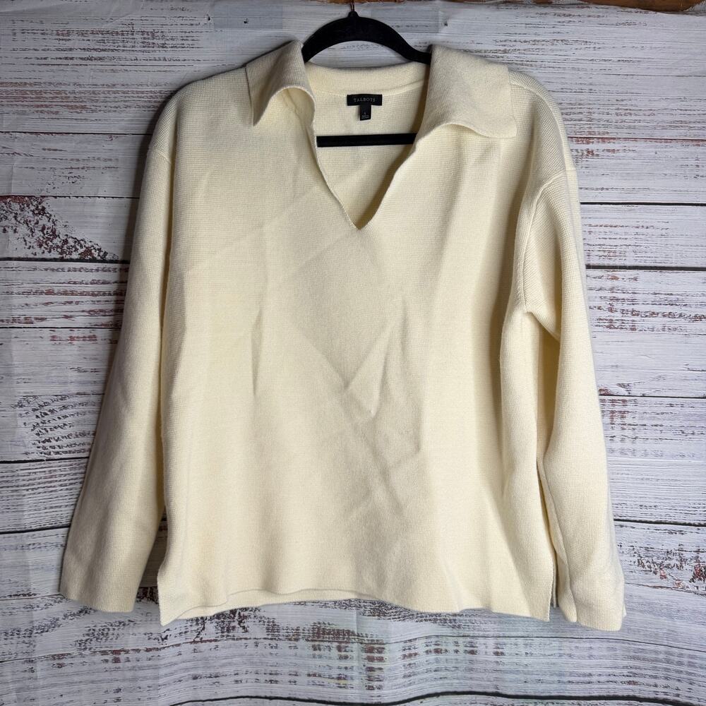 Talbots Wool Blend Collared Sweater Ivory V Neck Long Sleeve Women’s Large